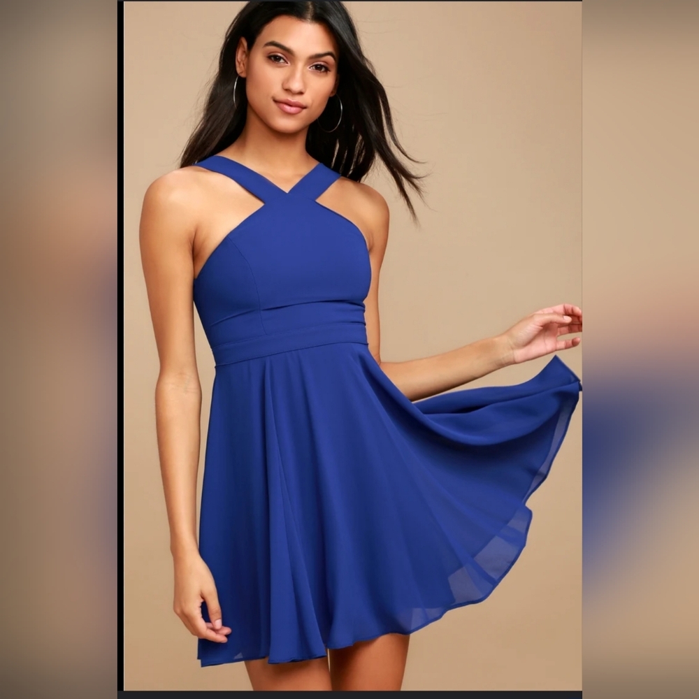 Lulu's Forevermore Blue Strappy Skater Mini Dress size XS